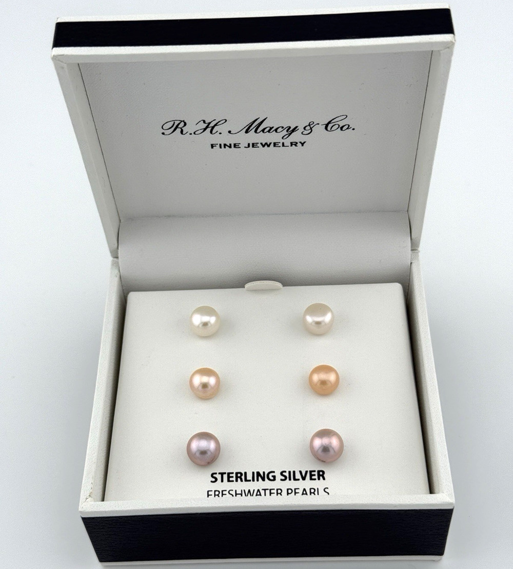 3 Pair Freshwater Pearl Stud Earrings Sterling Silver 8mm Fine Jewelry Gift NEW